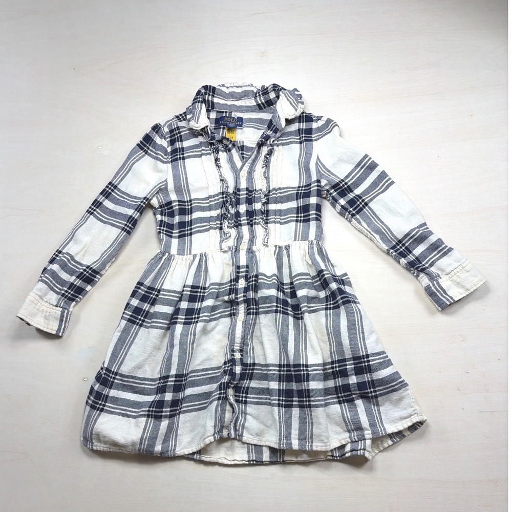 Polo Ralph Lauren Girls Navy White Plaid Flannel Ruffle Button Front Dress 6